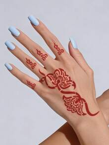 Hana Hand-Drawn Hollow Hands Tattoo Stencil + 1 Bottle Red Henna Tattoo Ink Combo Set, Henna Tattoo, Suitable For Hands, DIY Painting, Ink, Reusable Mehndi Design Template Ink - Red - View 5