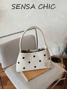 Fashionable Black Polka Dot Handbag, Korean-Style Minimalist Design, Shape-Retaining, Classic Polka Dot Pattern With Soft Atmosphere, Suitable For All Seasons And Various Gentle Style Outfits, Practical For Organized Storage And Daily Use - Beige - View 1