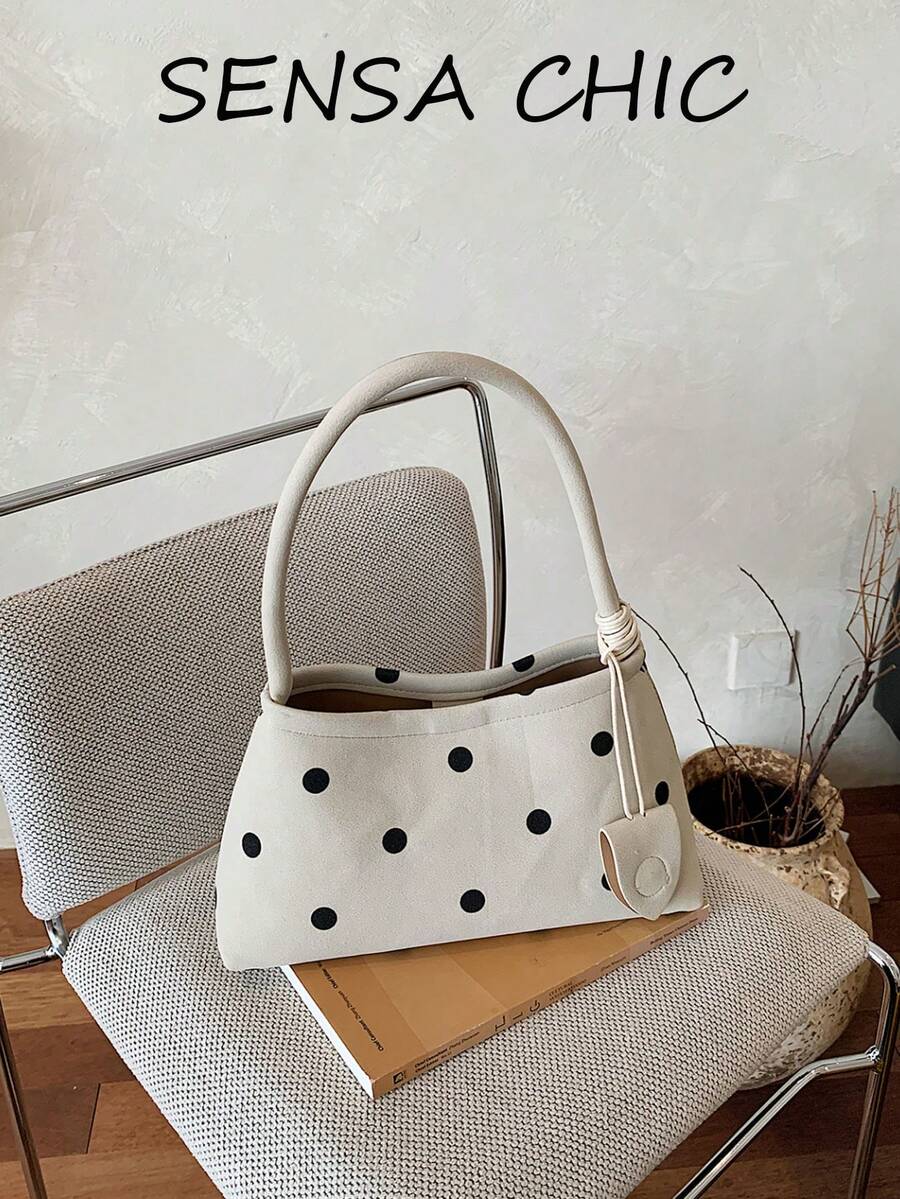 Fashionable Black Polka Dot Handbag, Korean-Style Minimalist Design, Shape-Retaining, Classic Polka Dot Pattern With Soft Atmosphere, Suitable For All Seasons And Various Gentle Style Outfits, Practical For Organized Storage And Daily Use - Beige - View 1