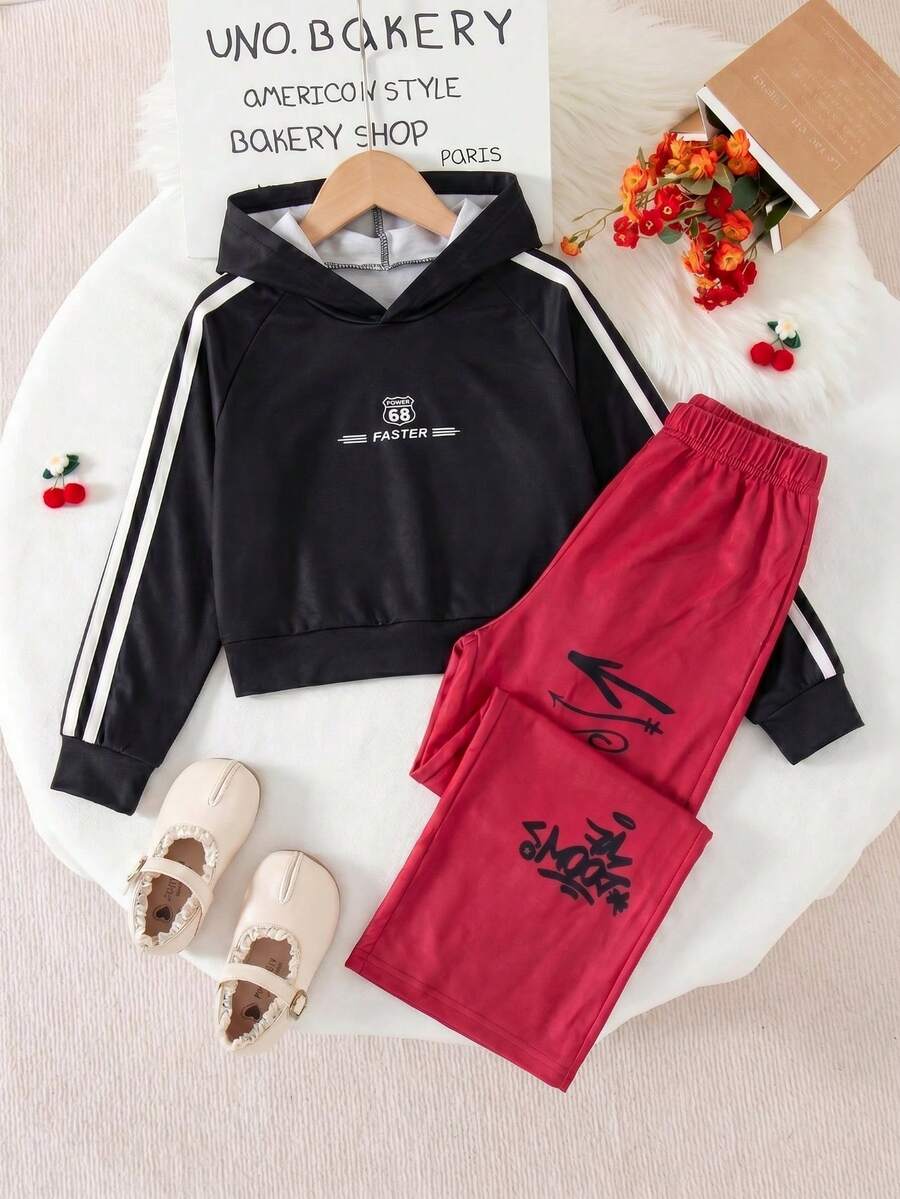 2pcs/Set Setelan Gaya Jalanan Amerika untuk Anak Perempuan, Hoodie Musim Semi/Musim Gugur & Celana Panjang Lebar Motif Grafiti - MultiWarna - View 1