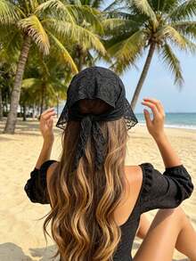 1pc Black & White Lace Hollow Triangle Bandana Headband, Beach Vacation Travel Outfit Accessory, Fashion Waist Wrap Hip Scarf, Premium Solid Color Headband - Multicolor - View 8