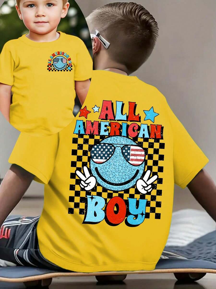 Fashionable Short-Sleeved T-Shirt For Boys 'American Independence Day' 'ALL AMERICA BOY' With Plaid Elements And Double-Sided Cartoon Print, Casual Outdoor Top - 黃色 - 查看 1