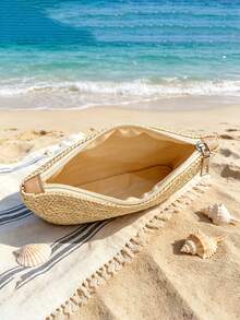 Bolso de mano de paja tejida personalizado con nombre, bolso de estilo bohemio con cremallera y correa de muñeca, bolso de maquillaje para damas de honor, bolso de mano para vacaciones de verano en la playa - Multicolor - Ver 5