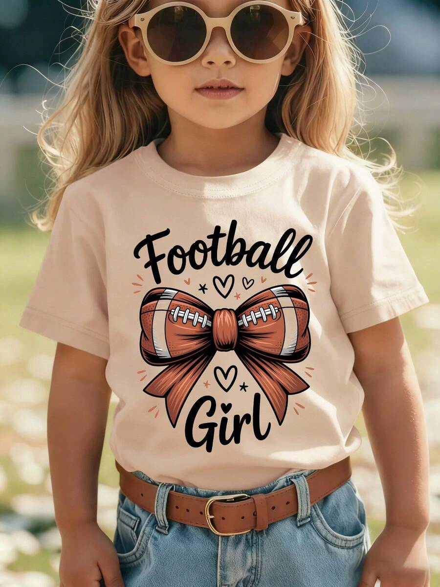 Girls' Short-Sleeved T-Shirt, Summer Style, With "Football Girl" Inscription, Rugby , Bow Print, Versatile Casual Top NY-DX9381 - Khaki - View 1