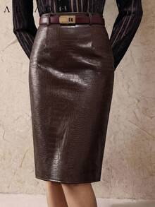 ALIAO Summer Vintage Faux Crocodile Embossed PU Skirt, Elegant Commuter Style, Versatile Slim Fit For Daily Wear, Dating, Office, Autumn Must-Have - Brown - View 3