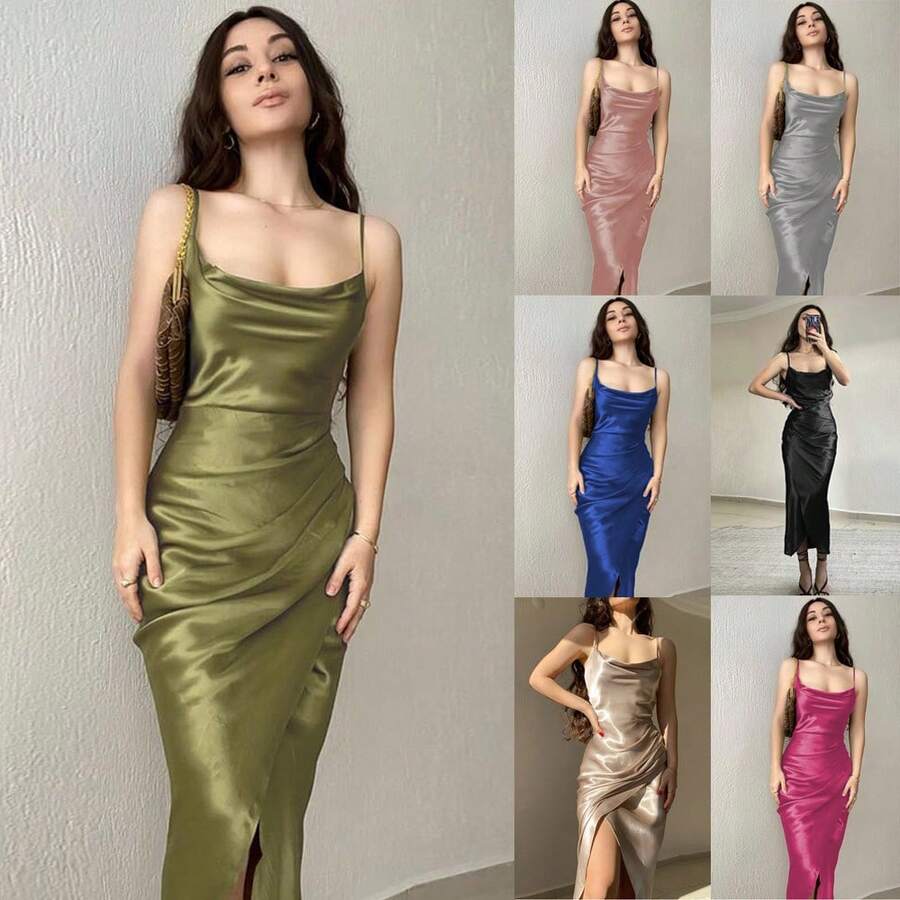 Vestido largo sexy de satén con abertura y escote bajo, estilo "hot girl", nuevo, adelgazante y sin espalda. - Blanco - Ver 1