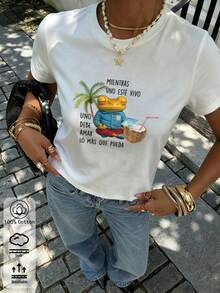夏季新款圓領 DTMF 圖案修身正肩 T-shirt，度假旅行沙灘穿搭 - 白色9 - 查看 5