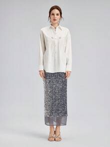 Rich Radi Q's Women's White Long Sleeve Shirt Collar Top, Elegant Embroidery Details, Autumn Fashion & Daily Wear Essential - White - View 4