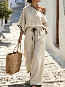 Elegant Commuter Color Block Patchwork Design, Asymmetric Shoulder Loose Top, Paired With Straight Leg Pants, Slanted Pockets, Woven Solid Color, Women's Two Pieces Set - Apricot - View 6