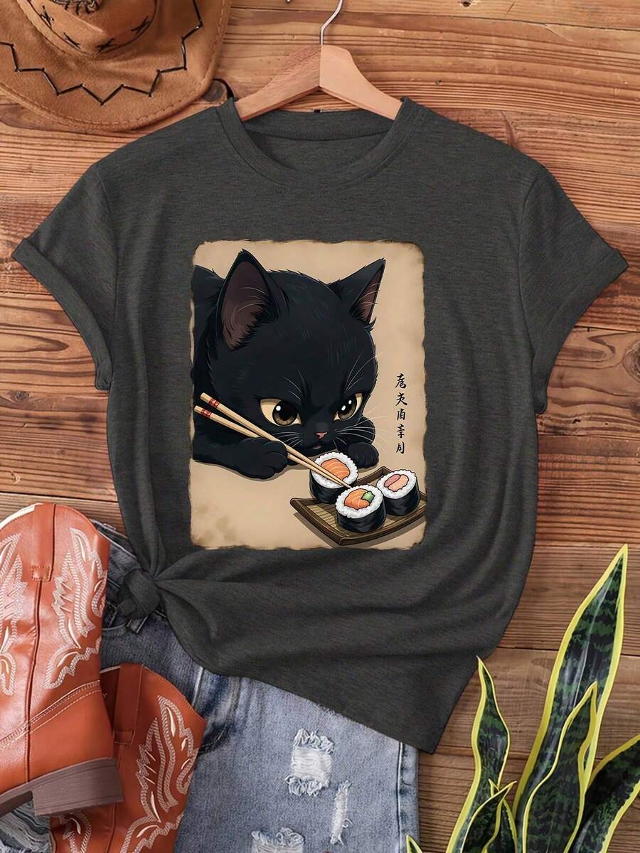 T-Shirt With A Kawaii Cat Eating Sushi Print, Short Sleeves, Round Neck, Casual Top For Summer And Spring, Women's Clothing, Women's T-Shirts, Shirt Women, Mexico - 白色 - 查看 1