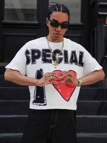 Vintage Distressed Giant Heart Attitude Slogan Print T-Shirt, Men's Loose Short Sleeve Casual Top, White Crew Neck Youth Retro Short Streetwear Tee - White - View 2