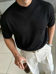 男士休閒極簡純色短袖半高領針織衫 - 黑色 - 查看 1