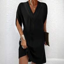 Vestido de mujer europeo y americano de primavera/verano 2026 con cuello en V, plisado y mangas de murciélago. - Negro - Ver 3