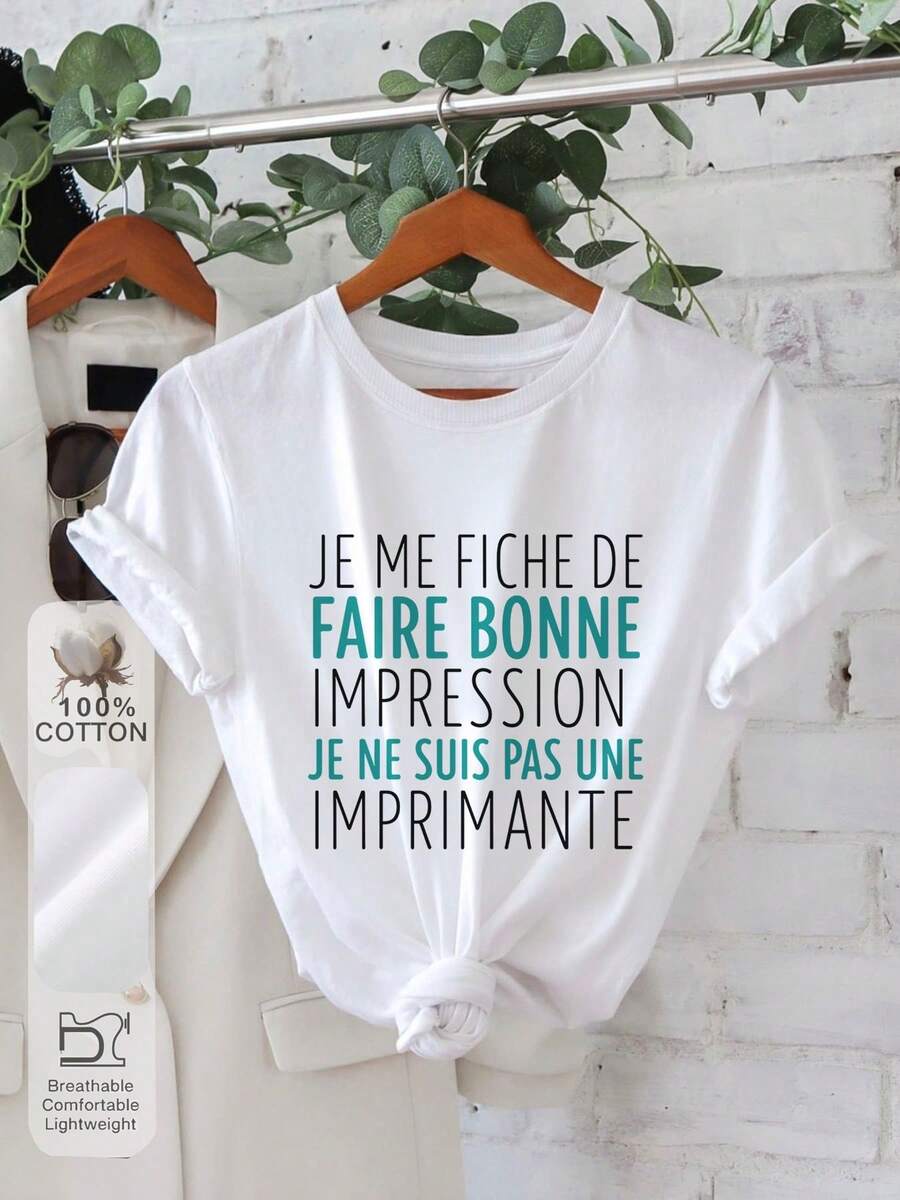 Funny Women's T-Shirt With French Phrase - Soft Pink Crew Neck Top With The Phrase "Je Me Fiche De Faire Bonne Impression..." - Casual Everyday T-Shirt - Blouse L - 白色 - 查看 1