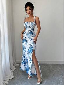 Women's Floral Mermaid Maxi Dress With Thin Straps And Bow, Square Neck, Ruched, Bodycon, For Wedding Guests, Beach Vacations And Date Nights. - 淺色水洗藍 - 查看 5