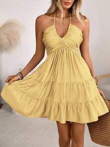 Women's Halter V-Neck Mini Dress, Ruched And Layered, Sleeveless, Ideal For Beach Vacations, Casual Daily Wear And Outdoor Picnic Outfits. - 檸檬黃 - 查看 4