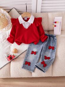 2pcs Setelan Blus Lengan Panjang 2 in 1 Gaya Preppy untuk Bayi Perempuan dengan Warna Kontras dan Aksen Pita, Dipadukan dengan Celana Jeans Lurus, Musim Gugur/Semi - Merah - View 1