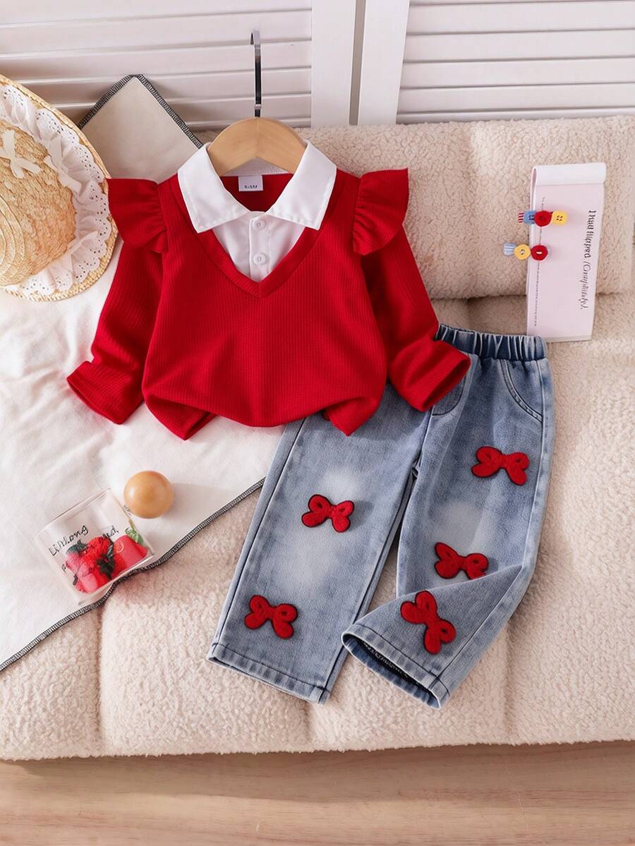 2pcs Setelan Blus Lengan Panjang 2 in 1 Gaya Preppy untuk Bayi Perempuan dengan Warna Kontras dan Aksen Pita, Dipadukan dengan Celana Jeans Lurus, Musim Gugur/Semi - Merah - View 1