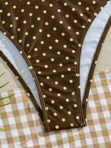 PEPPERMOLLY Ensemble de bikini sexy jaune-brun à pois sans dos pour femmes, maillot de bain trois pièces à la mode, tenue de plage d'été pour les vacances - brun jaunâtre - Voir 8