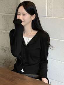 YCYC 韓式設計休閒百搭女款 2 合 1 鈕扣針織開襟衫 黑色 秋季 - 黑色 - 查看 1