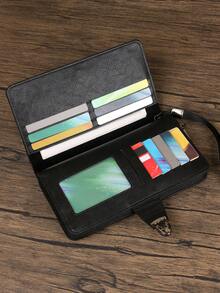 HOVI'S Cartera de hombre con correa larga para la muñeca - PU texturizado negro, múltiples ranuras para tarjetas, compartimento para teléfono, cierre con cremallera y broche, gran capacidad - Negro - Ver 7