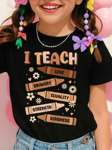 Boys' T-Shirt With Crayon Print And Phrases "I Teach Love Bravery Equality Strength Kindness" For Girls And Boys, Unisex, Short Sleeve - 黑色 - 查看 2