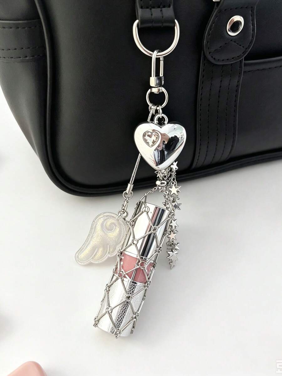 Y2K Style Lipstick Holder Charm Decor, Gyaru Style Heavy Metal Angel Wings Heart Shaped Lipstick Holder Charm, Suitable For Backpacks, Keychains And Other Accessories, Mesh Lipstick Charm