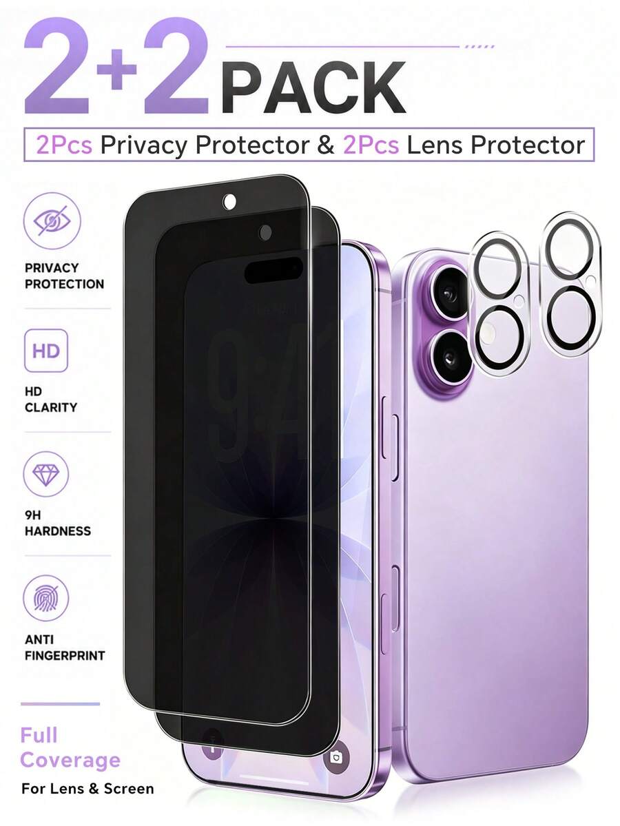 4-In-1 Set (2pcs Privacy Tempered Glass Screen Protector + 2pcs Camera Lens Protector) | Anti-Scratch Privacy Protection For Phone Screen Film | Compatible With IPhone 17 Pro Max/17 Pro/17/17 Air/16 Pro Max/16/16 Plus/15 Pro Max/15/14/13/12/11 | Birthday Holiday Phone Accessories Gift - Black - View 1