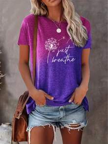 Dandelion Print T-Shirt With The Phrase "Just Breathe", Casual Short Sleeve Top With Round Neck, Women's Clothing - 淡紫色 - 查看 1