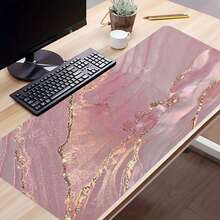 Pink Marble Pattern Gaming Mouse Pad, Gold Extended Desk Mat, Stitched Edge Design, Non-Slip Rubber Base, Suitable For Home Office Decor, Size 35.4x15.7 Inches, Ideal Gift For Men, Women, Friends, And Back To School Season. Gaming Mouse Pad, Desk Accessories, Office Supplies, Desk Accessories, Desk Mouse Pad. - Pink - View 2