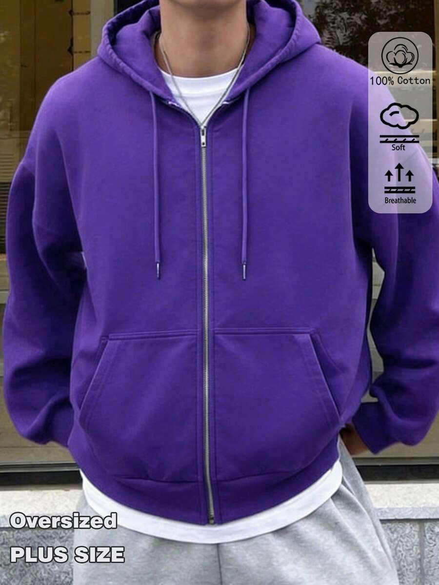 Men's Zipped Hooded Jumper For Spring And Summer, Made From 100% Cotton For Comfort, With A Relaxed Fit; Lightweight And Extra-Loose Fit - Purple - View 1