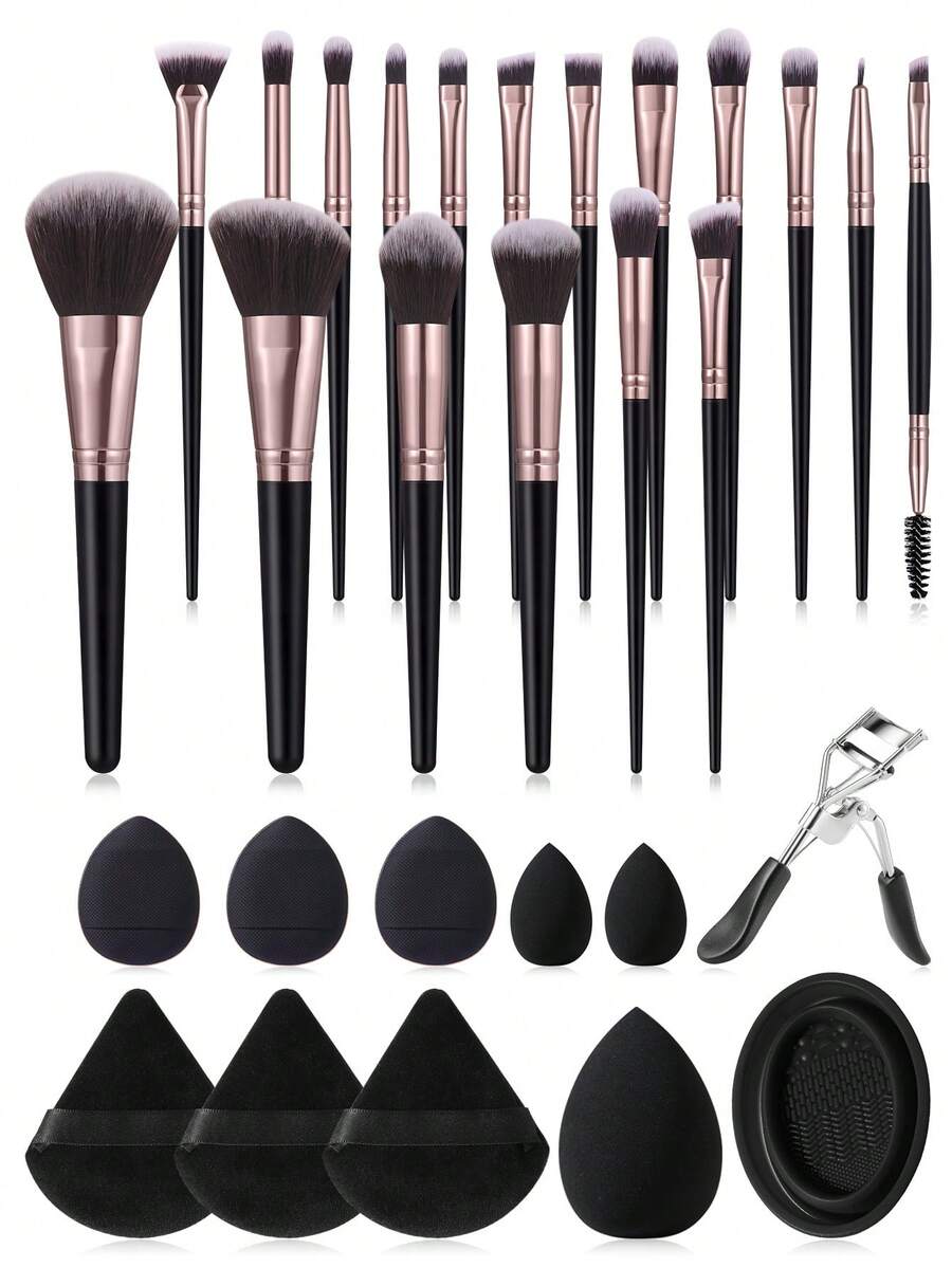 22/6pcs Dual-Color Coffee & Black Makeup Brush Set, Rose Gold Handle, With Triangle Velvet Powder Puff, Makeup Sponge, Eyelash Curler, Silicone Brush Cleaning Bowl, Dry & Wet Use Makeup Tools, Suitable For Foundation, Blush, Eyeshadow, Concealer, Setting Powder - Black - View 1