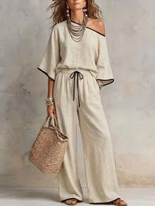Elegant Commuter Color Block Patchwork Design, Asymmetric Shoulder Loose Top, Paired With Straight Leg Pants, Slanted Pockets, Woven Solid Color, Women's Two Pieces Set - Apricot - View 2