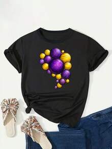 Ropa de mujer de talla grande de primera calidad, camisetas de mujer, modernas y versátiles con diseño de bolas moradas y amarillas, ecológicas. - Negro - Ver 3