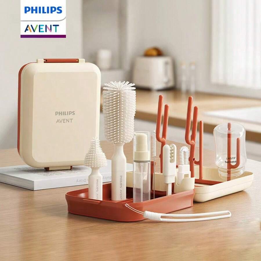 Philips Avent 10 In 1 Bottle Cleaner Brush Set With Silicone Bottle Brush,Nipple Cleaner Brush,Straw Brush,Soap Dispenser,Bottle Drying Rack For Home And Travel