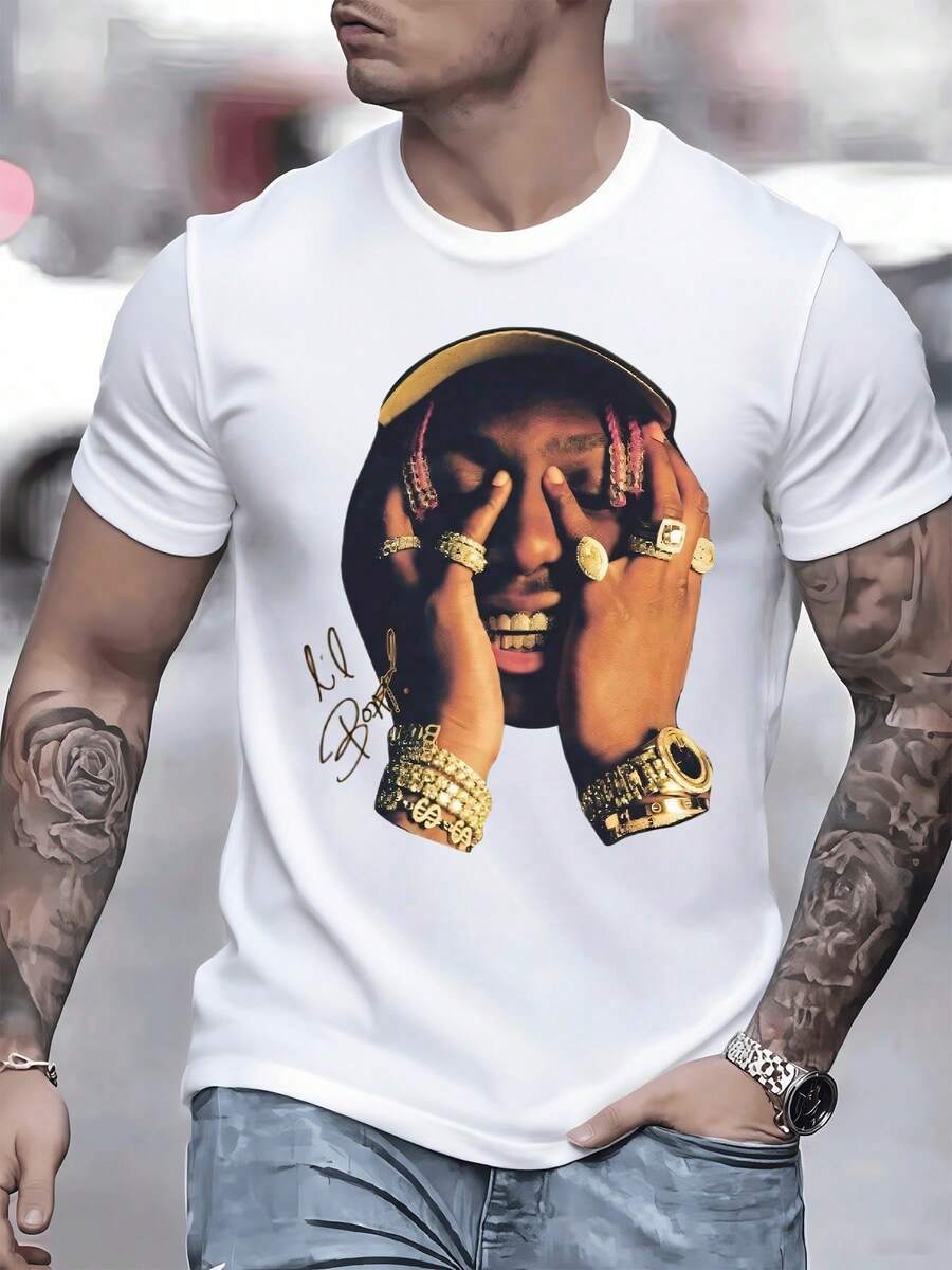 Urban Portrait With Gold Jewelry And Rapper Attitude Symbolizing Success And Extreme Luxury On This Modern Men's T-Shirt For Everyday Wear - 白色 - 查看 1