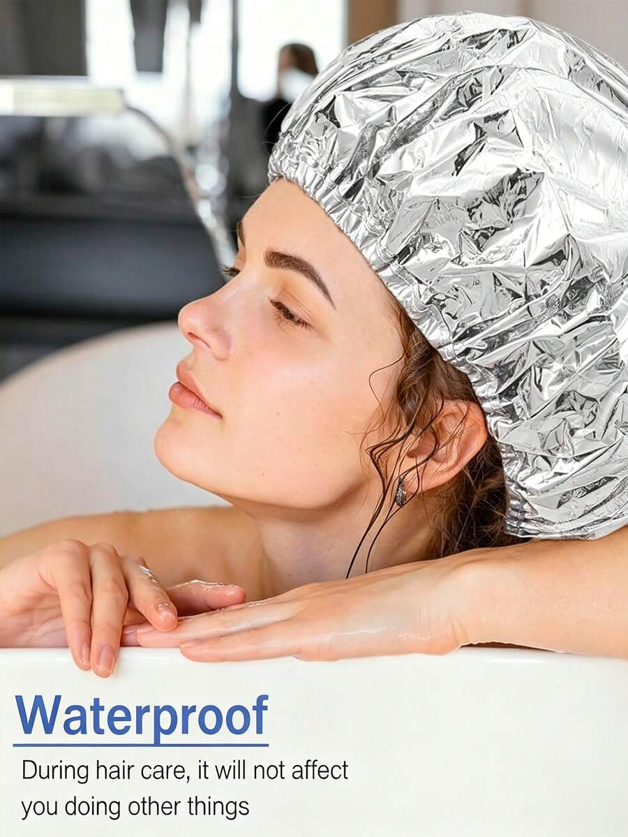 50pcs Shower Caps, Elastic Shower Caps, Aluminum Foil Shower Caps, Adult Kitchen Oil-Proof Caps, Bathroom Blow-Dry Caps, Elastic Adjustable, Home Bathroom Decor, Autumn Decor, Back To School Decor - Silver - View 1