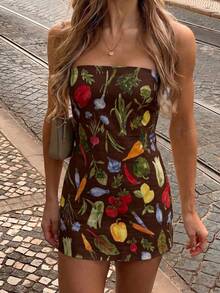 Just Masa Women's Summer Casual Vacation Bandeau Dress, Vegetable Print Fashionable Cute Mini Bodycon Dress Elegant Brown - Brown - View 4