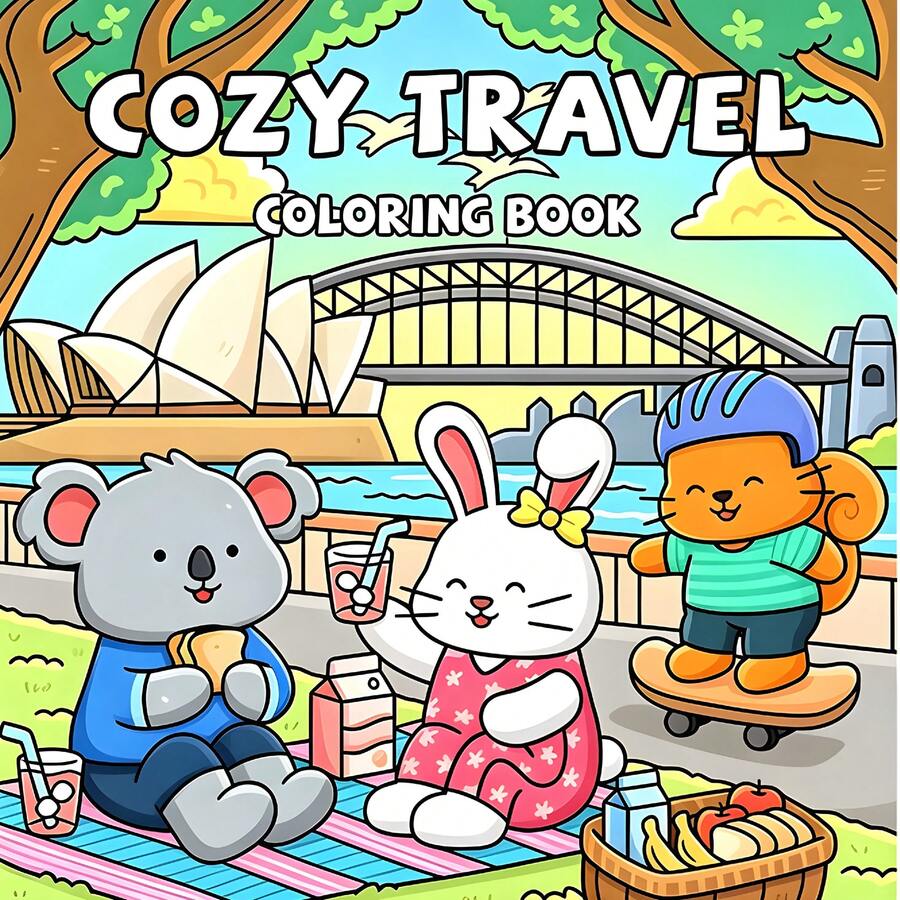 GDTME Cozy Travel Coloring Book, Cute Cartoon Animal Travel Scenes, Including Koala, Rabbit And Squirrel Picnic And City Landmark Illustrations, Suitable For Hand Coloring, Aesthetic Photo Props, Daily Stress Relief And Leisure Time