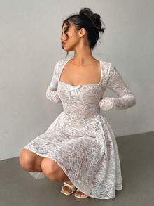 Vestido blanco mini sexy con manga larga, cuello en forma de corazón de encaje, lazo y fruncido, estilo romántico y dulce para mujer, ideal pa - Blanco - Ver 9