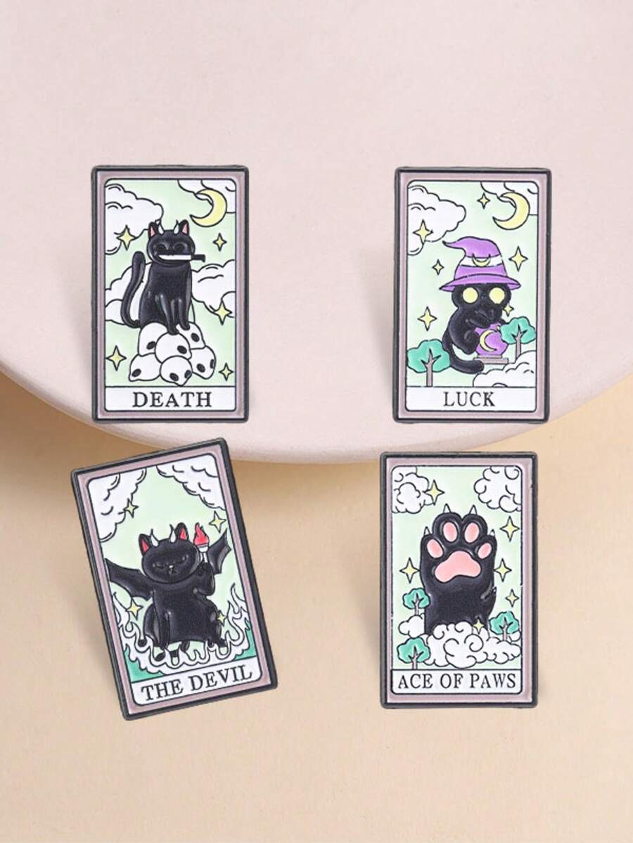 4件組黑色貓咪塔羅牌琺瑯胸針 The Devil Death Ace Of Paws Luck Witch 領口胸針套組 神秘女巫風背包裝飾禮物