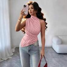 Sleeveless Blouse With High Neck And Polka Dots For Women, Gathered Waist, Irregular Asymmetric Hem, Ideal For The Office, Everyday Wear, Casual Occasions And Urban Outfits. - 粉紅色 - 查看 1