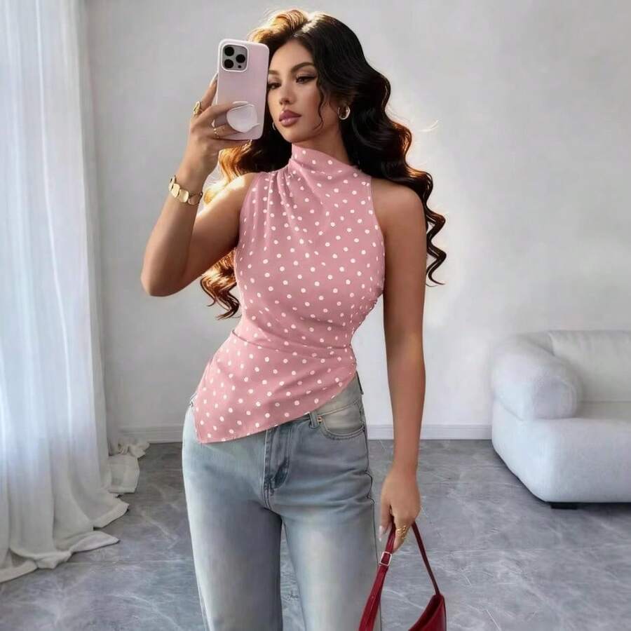 Sleeveless Blouse With High Neck And Polka Dots For Women, Gathered Waist, Irregular Asymmetric Hem, Ideal For The Office, Everyday Wear, Casual Occasions And Urban Outfits. - 粉紅色 - 查看 1