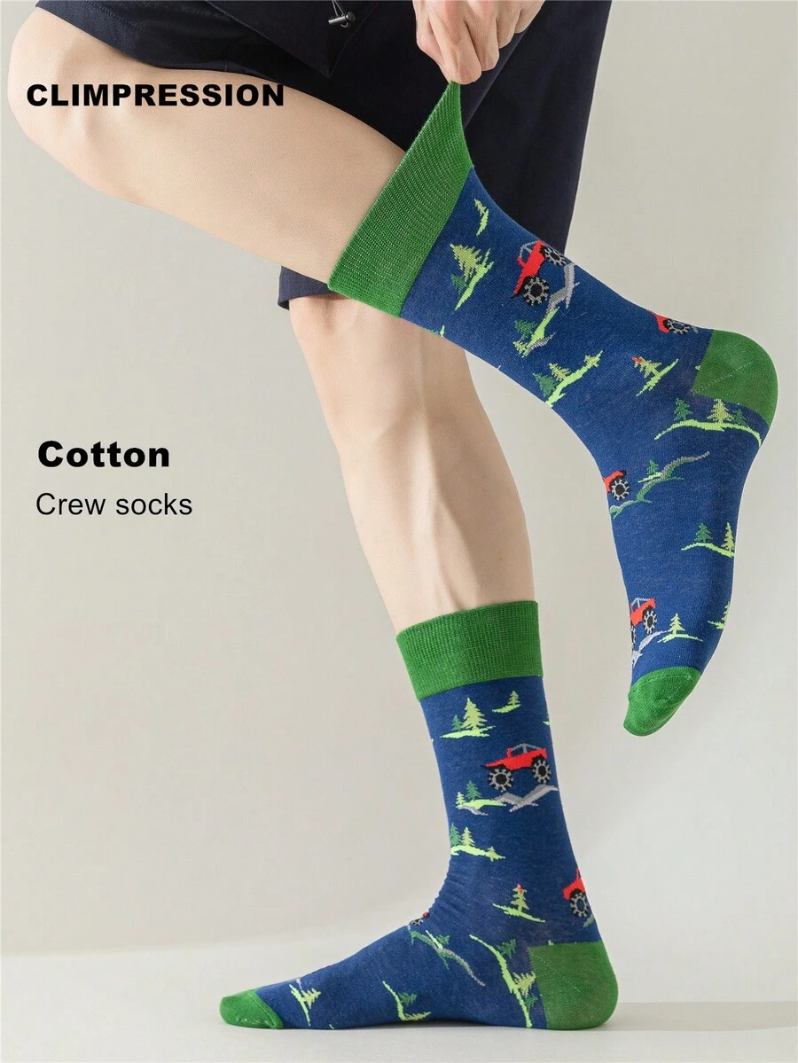 CLIMPRESSION Cotton Unisex Creative Truck Pattern Mid-Calf Socks, Blue Forest Pine Tree Print, Casual & Dress Socks - Blue - View 1