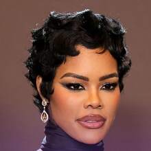 Short Loose Curly Wig Human Hair 6inch 180% Density Wigs For Women Short Pixie Cut Wig Full Machine Made Brazilian Remy Hair Wig For Daily Use 1B Color - Natural Black - View 2