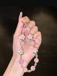 1pc [Lucky Lotus] Pink Peach Blossom Crystal Chain, Luxury High-End Spring/Summer New Fashion Handheld Phone Lanyard, Camera Universal Hanging Decoration, Phone Chain - Multicolor - View 4