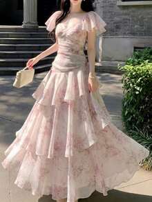 Women's Romantic Pink Floral Evening Cocktail Dress With Ruffle Hem, Elegant For Graduation Prom, Tea Party, Wedding Guest, Holiday Beach Fall - Baby Pink - View 9
