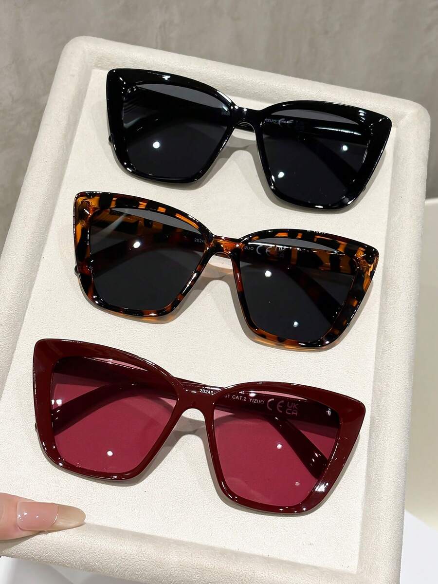3對塑膠貓眼女款時尚眼鏡，適合熱帶海灘度假、戶外旅行、購物、海灘派對等場合，夏季海灘度假與戶外旅行的理想配件。休閒貓眼鏡框，適合外出與返校季。