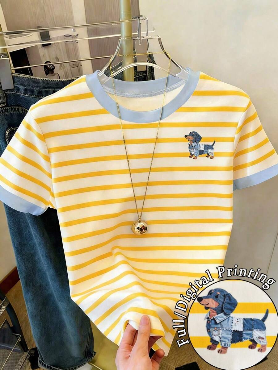 Resyla Women's Short Sleeve T-Shirt With Round Neck And Striped Print, Suitable For Summer Holidays And Everyday Wear - Multicolor 12 - View 1