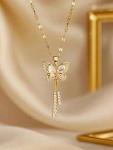1 Piece Of Elegant Butterfly Pendant With Tassels, Gold Plated, Crystal Chain, Sparkling Cubic Zirconia, Suitable For Young Women, Accessory, Birthday Or Valentine's Day Gift. - 蝴蝶流蘇項鍊,全身鑲嵌鑽石和微鑲寶石 - 查看 1
